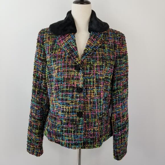 Josephine Chaus Black Green Pink Blue   Lined Removeable   Collar Jacket NEW 10 - Picture 1 of 8
